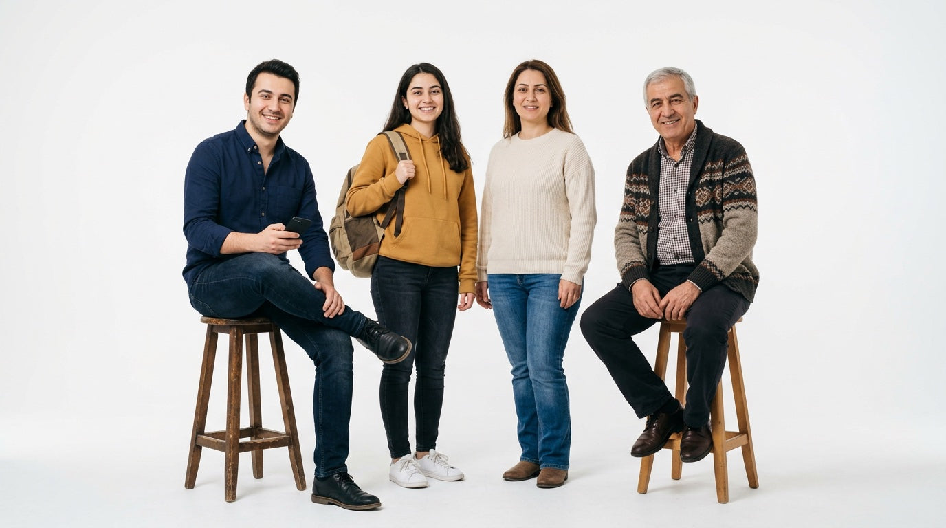 Farklı yaş ve hayat evresinden dört kişi: öğrenci, iş arayan, ev hanımı ve emekli